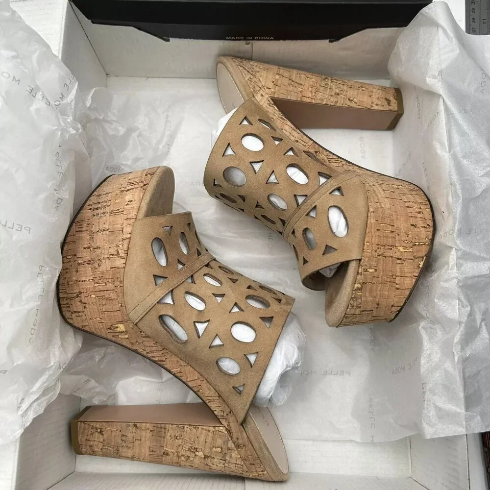 Pelle Moda Peep Toe Women’s Sandal Size 8.5 Latte Suede Cork Platform Block Heel